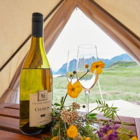 wine in glamping tent