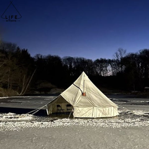 bell tent winter camping in snow and ice