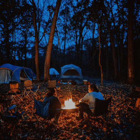 family seated around a bonfire at night