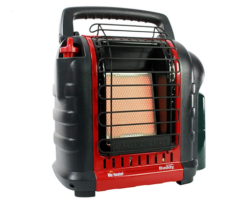 red and black Mr. Heater propane tent heater